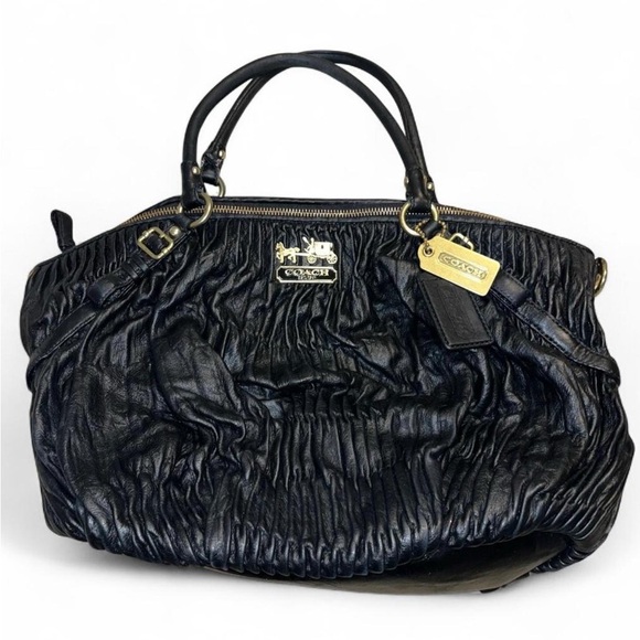 Coach Handbags - Coach Madison Sophia Black Ruched Leather Satchel with Gold Hardware